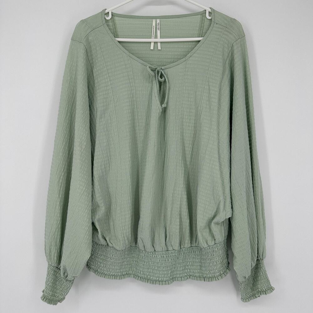 Anthropologie Pullover Top Womens Large Green Textured Long Sleeve Smocked Boho